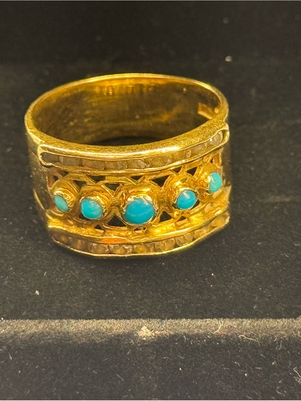 Antique 18K Gold Turquoise Wide Band Ring | Estate Fine Jewelry | Size 9